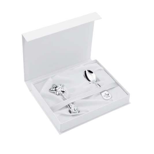 Set Cadou pentru Bebeluși din Argint 925, Model Little Star, 2 Piese (Zornăitoare și Linguriță)