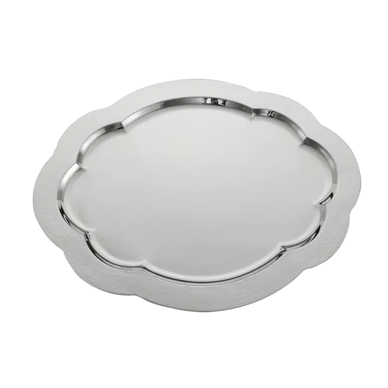 Tavă din Argint 925, Design Oval, Model Cardinale, Bordură Ciocănită, 42 x 33.5 cm