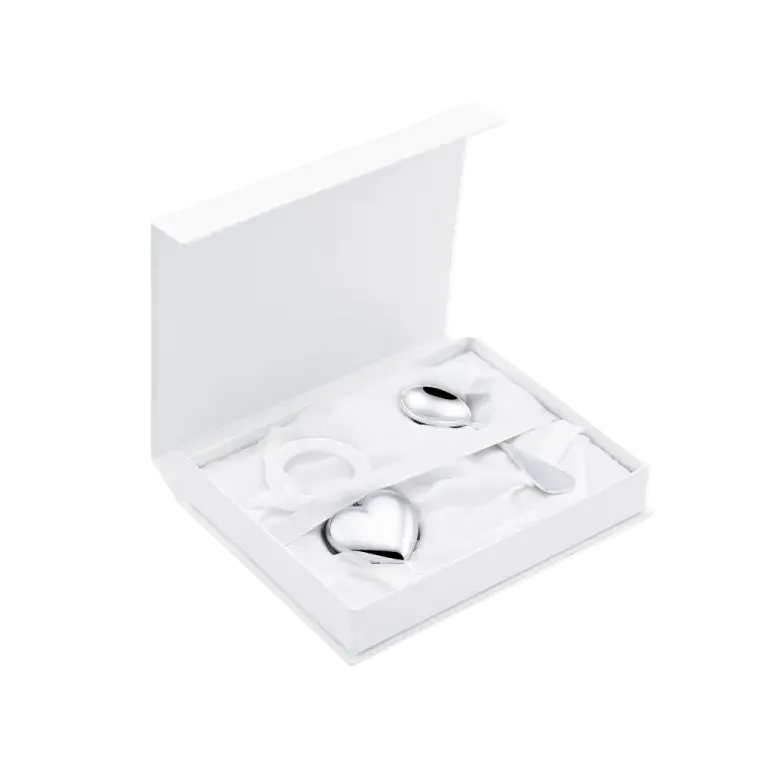 Set Cadou pentru Bebeluși din Argint 925, Model Heart, 2 Piese (Zornăitoare și Linguriță Îndoită), 56g
