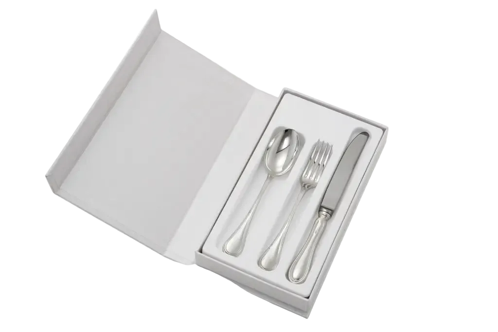 Set Cadou pentru Bebeluși Tacâmuri Argintate, Model BLII Light, 3 Piese, Handmade Italia