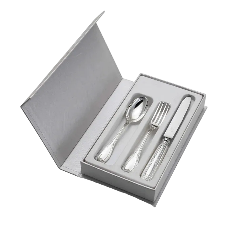 Set Cadou pentru Bebeluși Tacâmuri din Argint 925, Model Impero, 3 Piese, Handmade Italia