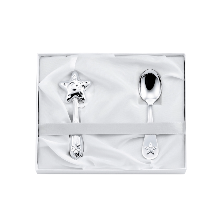 Set Cadou pentru Bebeluși din Argint 925, Model Little Star, 2 Piese (Zornăitoare și Linguriță)