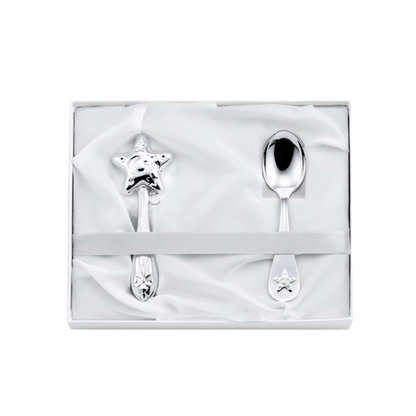 Set Cadou pentru Bebeluși din Argint 925, Model Little Star, 2 Piese (Zornăitoare și Linguriță)