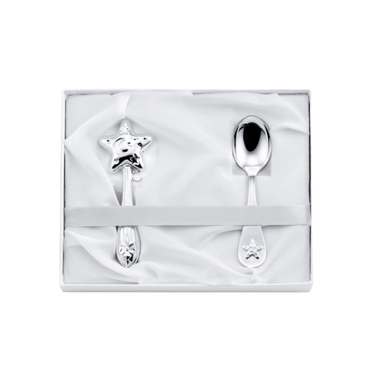 Set Cadou pentru Bebeluși din Argint 925, Model Little Star, 2 Piese (Zornăitoare și Linguriță)