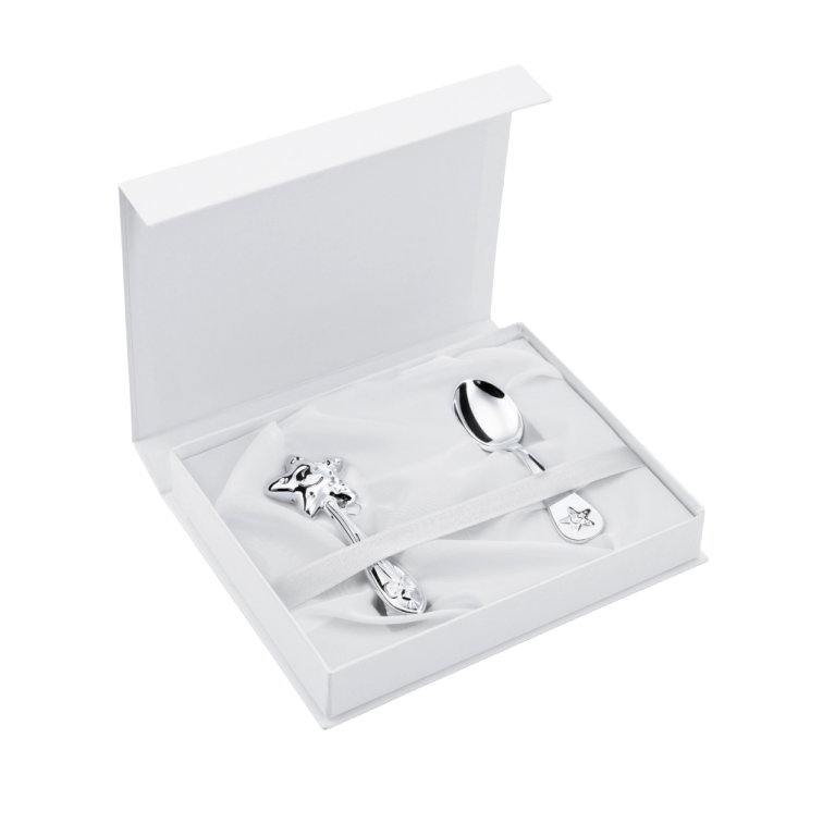 Set Cadou pentru Bebeluși din Argint 925, Model Little Star, 2 Piese (Zornăitoare și Linguriță)