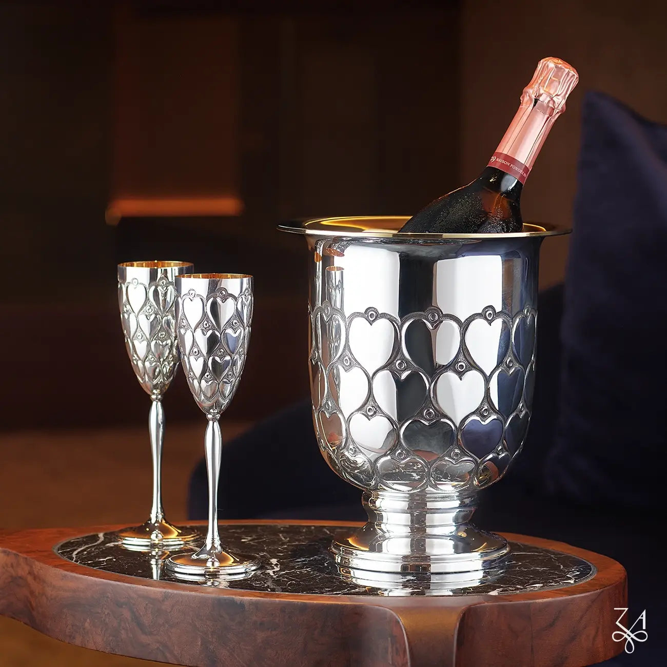 Pahar Șampanie Parighi din Argint 925, Model Cuori, Interior Aurit, 20.4 cm