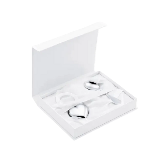 Set Cadou pentru Bebeluși din Argint 925, Model Heart, 2 Piese (Zornăitoare și Linguriță Îndoită), 56g