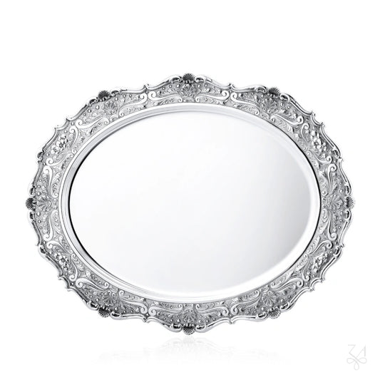 Tavă din Argint 925, Design Oval, Model Shell, Cizelată Manual, 54 x 42 cm, 1650 g